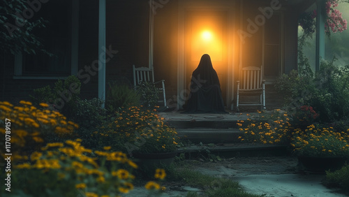 Mysterious figure in dark cloak sits on porch illuminated by soft light at twilight in an enchanting garden