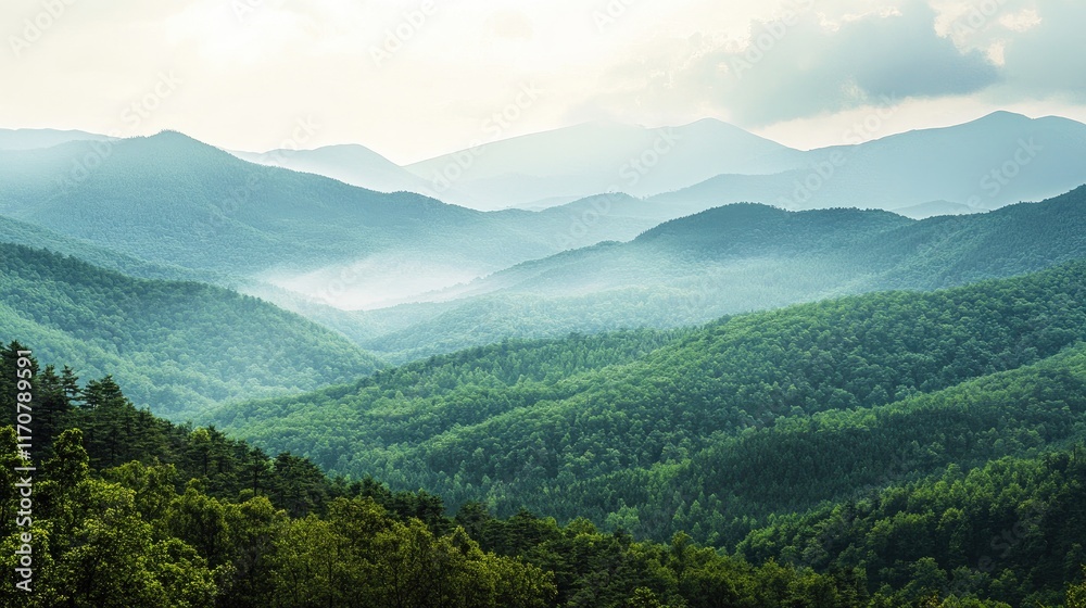 Fototapeta premium Verdant Mountains Rolling Hillscape Under Misty Sky