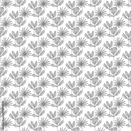A seamless pattern of detailed, black and white line drawings of tropical plants.