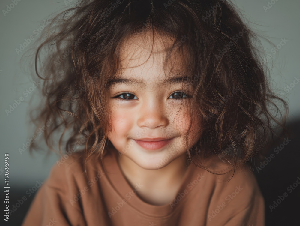 Adorable Little Girl with Curly Hair, Smiling Sweetly Adorable Little Girl with Curly Hair, Smiling Sweetly