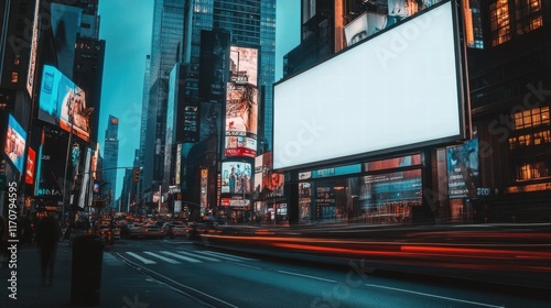 Times Square New York City at Night Vibrant Cityscape with Blank Billboard for Advertisement Mockup
