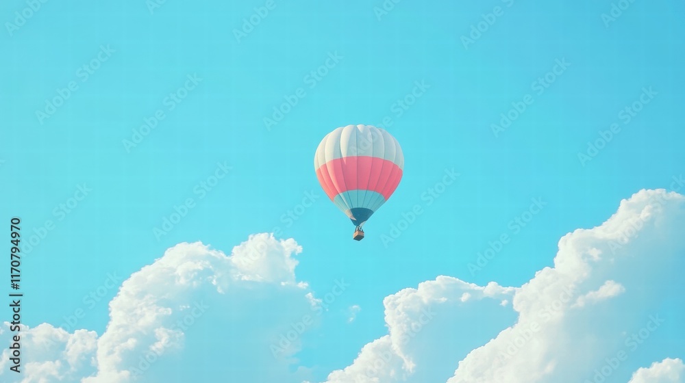 Naklejka premium Serene Hot Air Balloon Soaring Through a Pastel Blue Sky with Fluffy White Clouds - Freedom, Adventure, Travel Photography