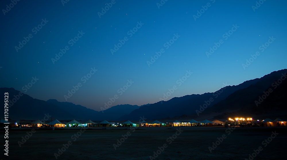 A serene desert landscape at twilight with tents and mountains under a starry sky. A serene desert landscape at twilight with tents and mountains under a starry sky.