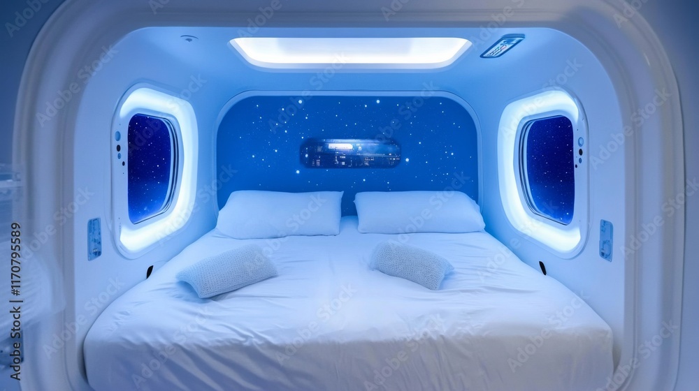 Fototapeta premium Modern Hotel Room with Space Theme and Soft Lighting