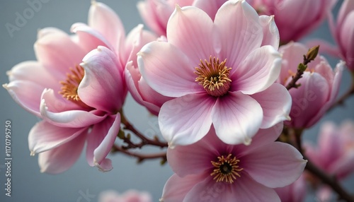 Delicate magnolia flowers in soft pink hues beautifully blooming against a muted background