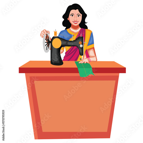 Indian Female Tailor Cartoon Character Vector Illustration