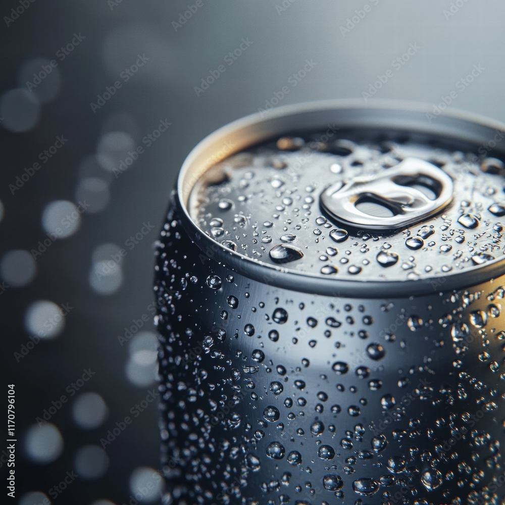 Close-up of a Cold, Sweaty Aluminum Can with Water Droplets - Refreshing Beverage Concept