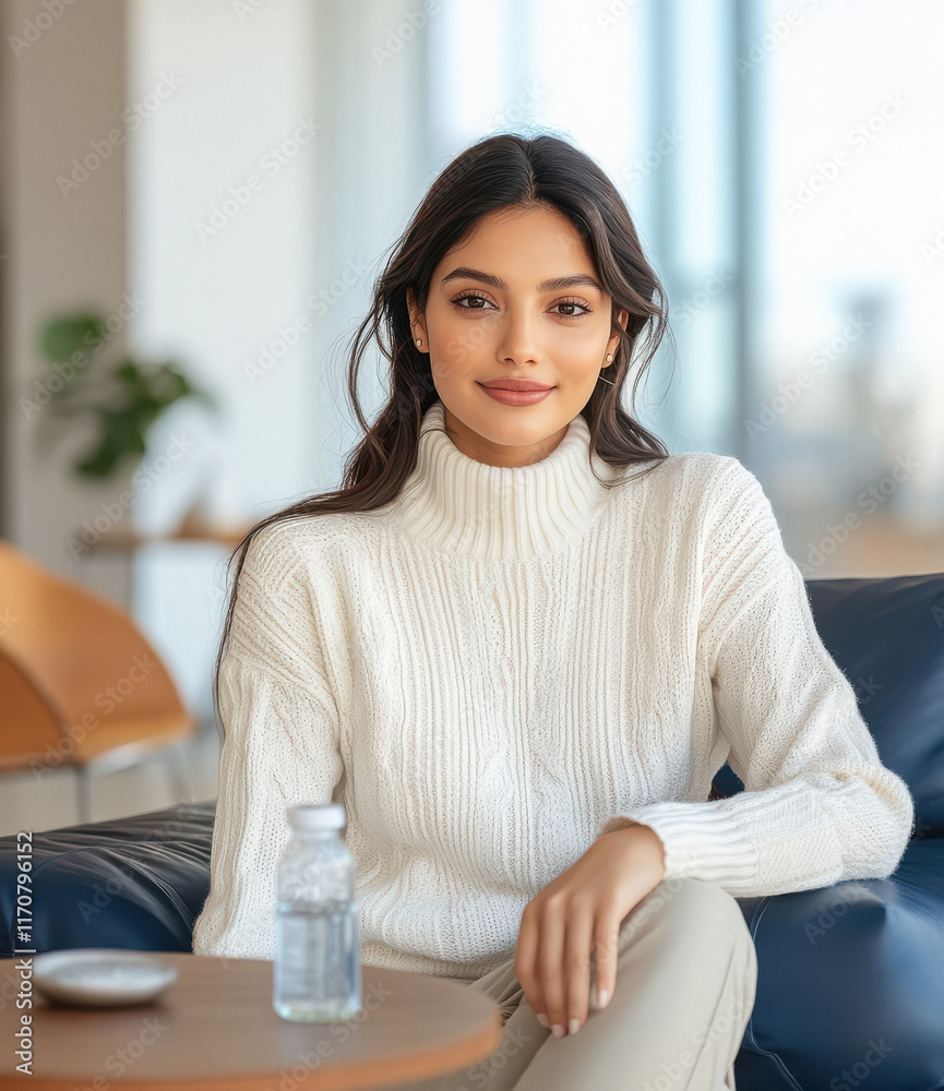a beautiful Indian woman inside an modern minimalist style living room a beautiful Indian woman inside an modern minimalist style living room