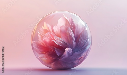 Pink flower petals inside a glass sphere on pink background.