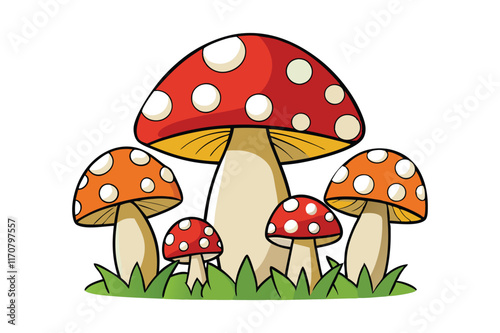 A colorful illustration of fly mushrooms and toadstools in a grassy autumn forest with vibrant red caps, showcasing a whimsical, cartoon-like style of nature and fungi