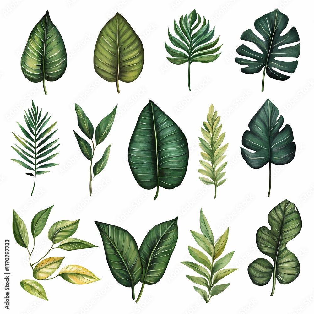 Obraz premium Collection of various tropical leaves illustrated on a white background showcasing diverse shapes and sizes. Generative AI