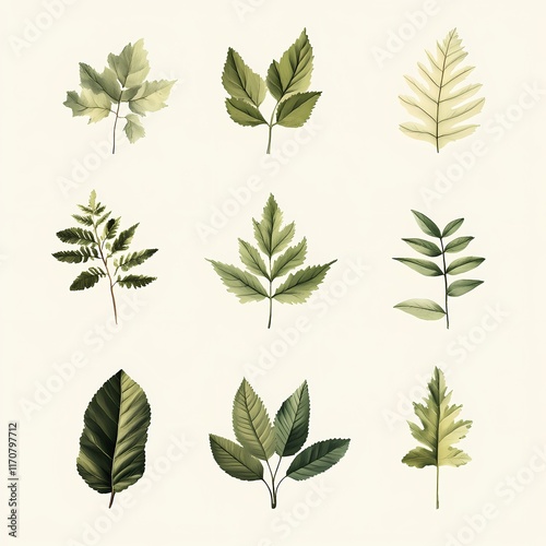 Various green leaves illustrated with different shapes and sizes arranged in a 3x3 grid on a light background. Generative AI