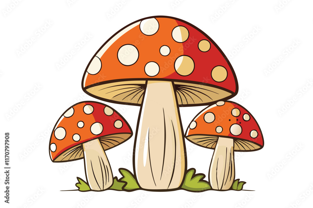 A vibrant red Amanita Muscaria toadstool with white spots stands tall amongst lush green grass in an autumnal forest, a captivating illustration of this poisonous fungus A vibrant red Amanita Muscaria toadstool with white spots stands tall amongst lush green grass in an autumnal forest, a captivating illustration of this poisonous fungus