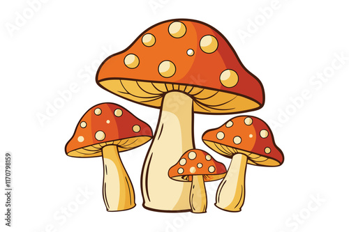 A colorful illustration of fly agaric mushrooms in a forest setting with red caps and white spots, showcasing their natural beauty and poisonous characteristics