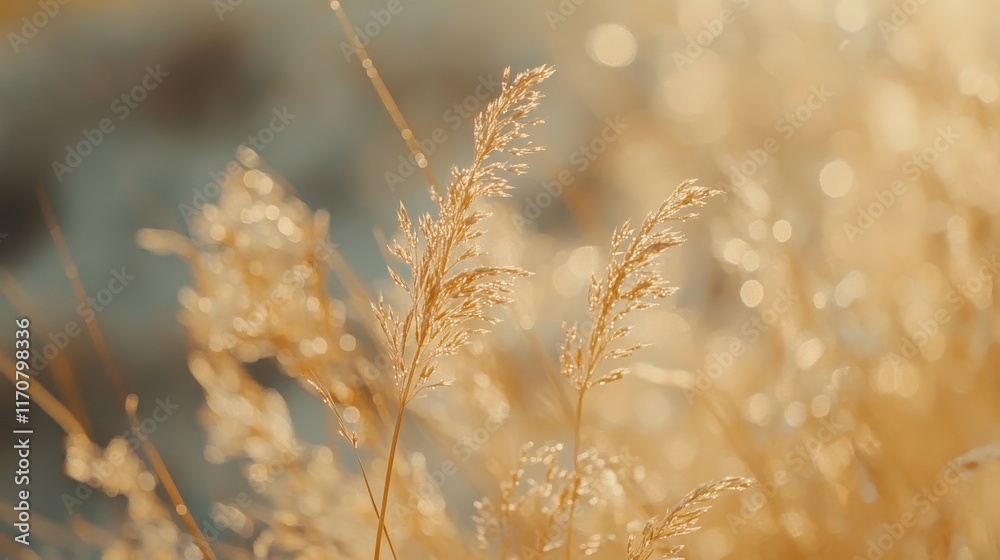 Golden Hour Meadow Dew-Kissed Grass Seeds in Soft Sunlight, Nature Background Stock Photo. Golden Hour Meadow Dew-Kissed Grass Seeds in Soft Sunlight, Nature Background Stock Photo.