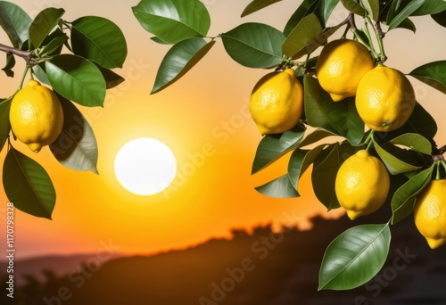 Lemons hang delicately from branches as the sun sets over a tranquil landscape photo