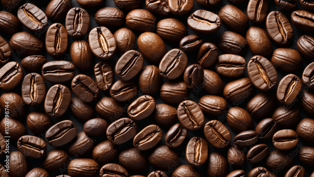 Fototapeta premium Roasted coffee beans fill the frame. Perfect for coffee shop menus, websites, social media posts, or coffee-themed projects