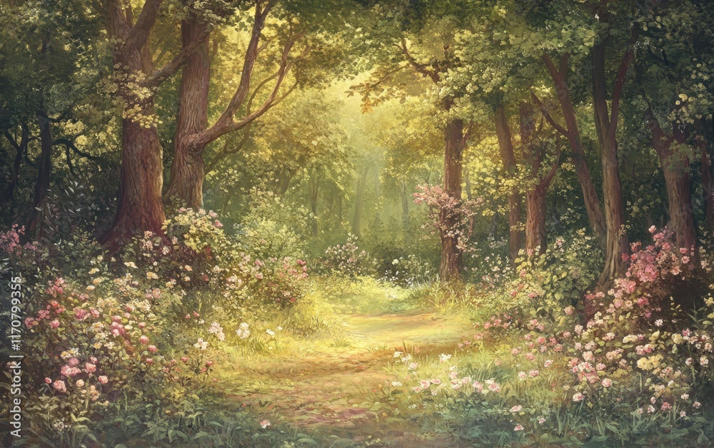 Fototapeta premium Enchanting Sunlit Forest Path with Blooming Pink and White Flowers A Serene Nature Painting