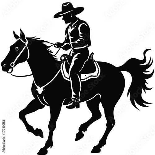 Silhouette of Cowboy Riding Horse in Black Vector Illustration