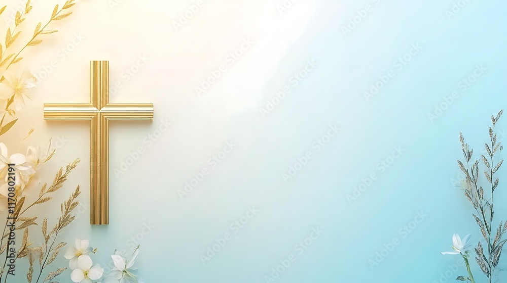 Golden Cross with White Flowers and Grasses on Blue Background Golden Cross with White Flowers and Grasses on Blue Background