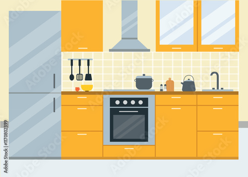 Modern yellow kitchen interior. Flat style design illustration.