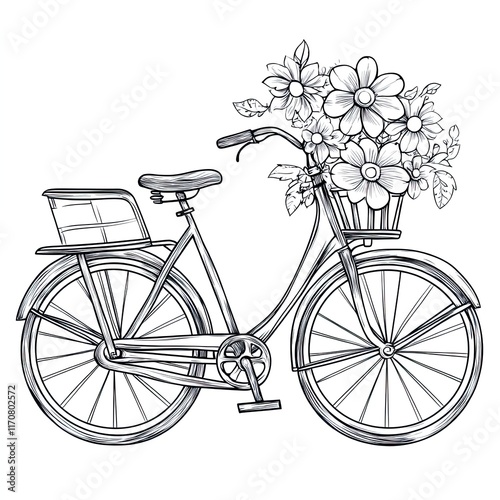 Simple Coloring Page: Vintage Bicycle with Flowers for Kids' Activity Book photo