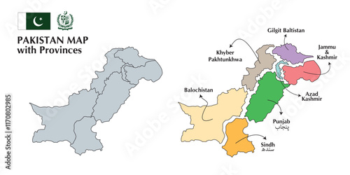 Pakistan Map with provinces vector illustration design. Pakistan flag and Government of pakistan logo