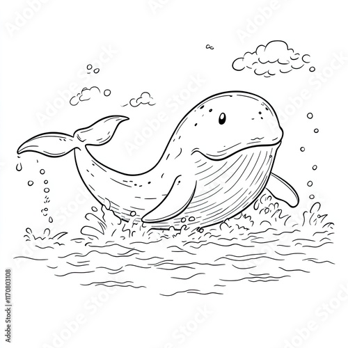 Simple Whale Coloring Page Illustration for Kids: Water Spout, Ocean Fun photo