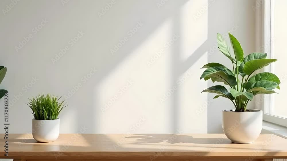 A serene shot of a potted plant on a modern desk with ample negative space on the left side.