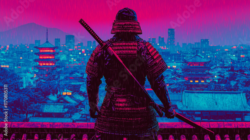 Cyberpunk Samurai Overlooking Futuristic City at Sunset