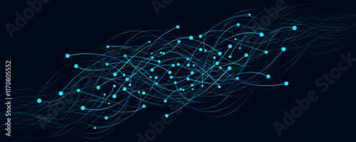 Hi-tech neural connectors analyze big data in neural network. Connected blue lines into cyberspace. Science background. Vector illustration. EPS 10