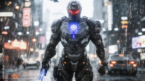 Futuristic Cybernetic Warrior in Rainy Urban Setting