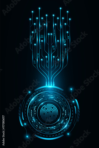 Fingerprint scan with futuristic HUD circle. Glowing computer circuit board with electronics details. Biometric data security. User interface design. Vector illustration. EPS 10
