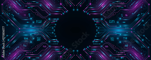Futuristic glowing AI circuit board with electronics details for UI and GUI design. Hi-tech panel with light effect. Modern technology background. Vector illustration