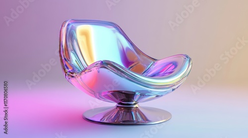 Abstract iridescent chair on a swivel base, displaying smooth curves and a vibrant holographic effect against a soft pastel gradient background. photo