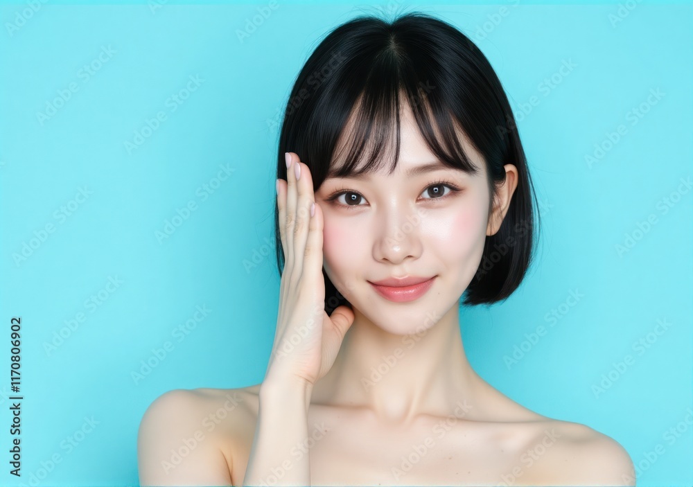 Fresh and radiant Asian woman with detailed skin texture from her skincare routine, dark wavy bob hairstyle, and natural makeup, posed against a soothing blue backdrop Fresh and radiant Asian woman with detailed skin texture from her skincare routine, dark wavy bob hairstyle, and natural makeup, posed against a soothing blue backdrop