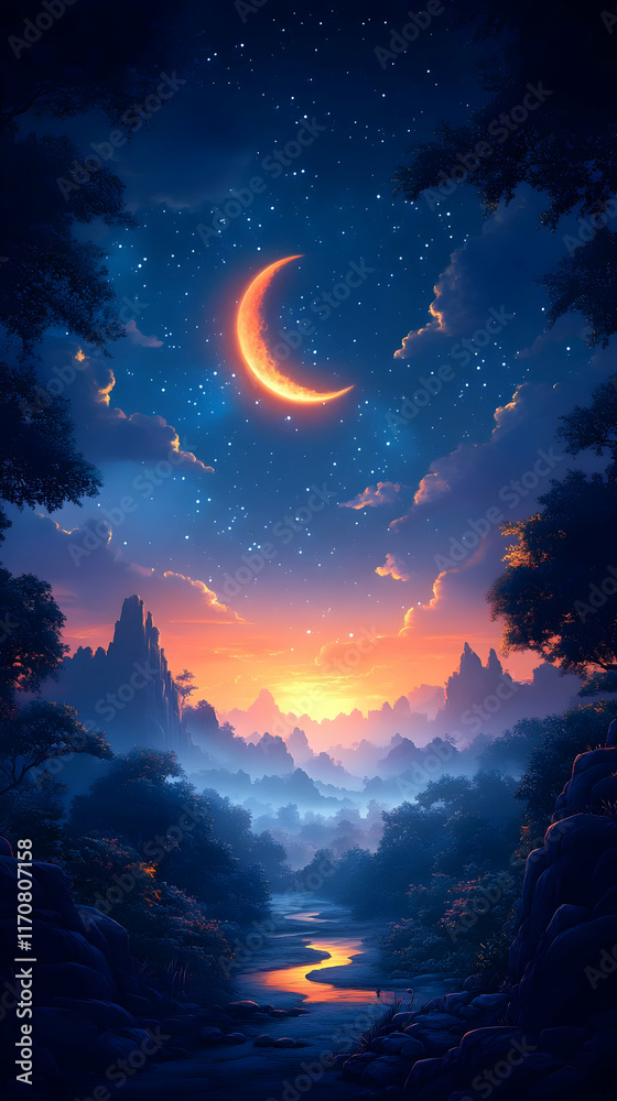 Naklejka premium Magical sunset over misty mountains and river, crescent moon in night sky.