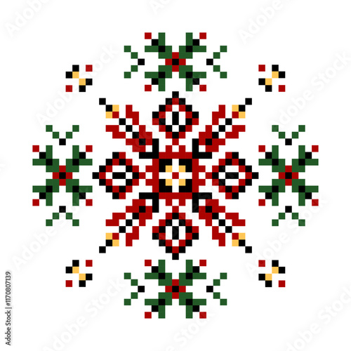 Folk cross stitch flower clipart. Ethnic red-black-green on white background geometric floral composition. Ukrainian ornament style. Printing on bag, textile, home decor,