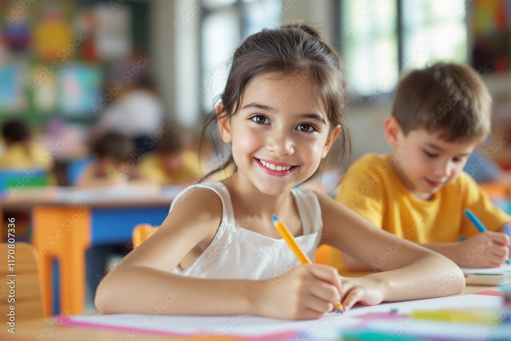 Smiling child sketching with a pencil in a lively classroom, surrounded by peers. Bright colors and engaging atmosphere. Concept of education, creativity, learning. Ai generative Smiling child sketching with a pencil in a lively classroom, surrounded by peers. Bright colors and engaging atmosphere. Concept of education, creativity, learning. Ai generative
