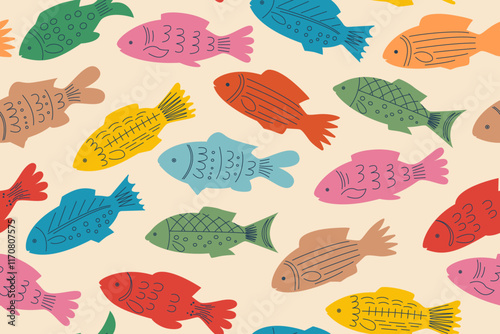 Colorful seamless pattern of hand drawn fish. Scandinavian design on a beige craft background. Chaotic movement of ocean fish. Children's vector illustration