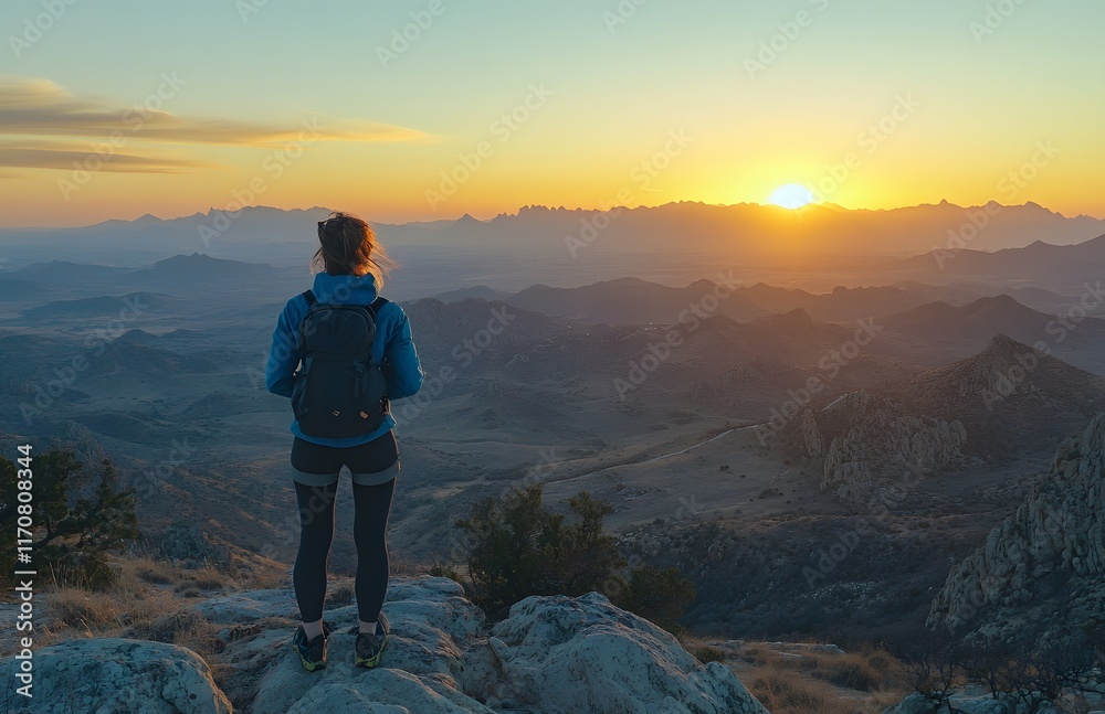 Fototapeta premium Woman Backpacker Views Sunset Over Mountain Range