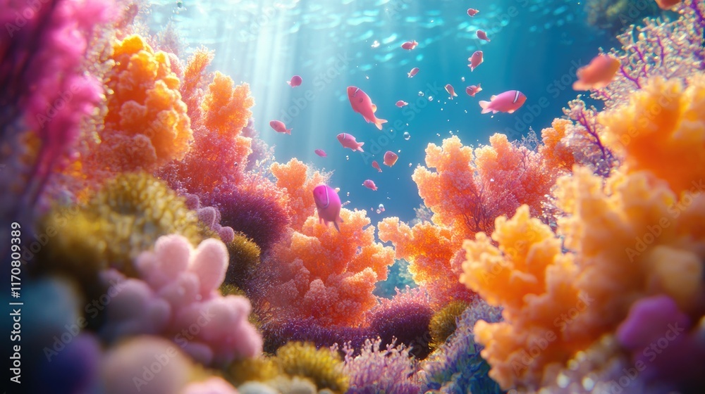 Fototapeta premium Vibrant Coral Reef Scene With Colorful Fish Swimming