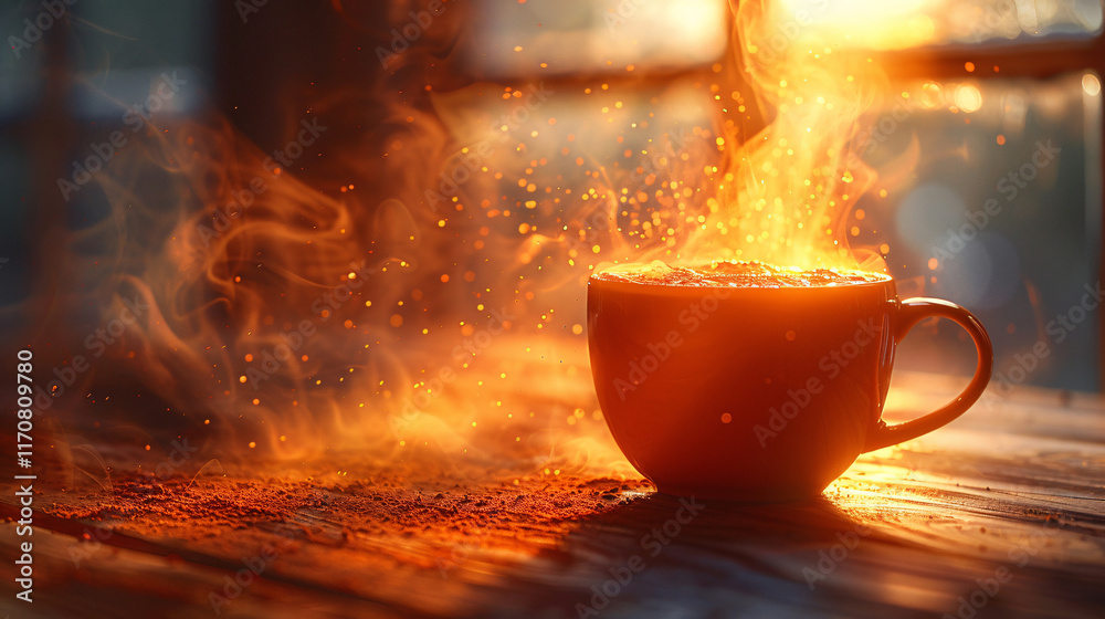 Steaming Coffee Cup on Rustic Wooden Table in Sunlit Kitchen Steaming Coffee Cup on Rustic Wooden Table in Sunlit Kitchen