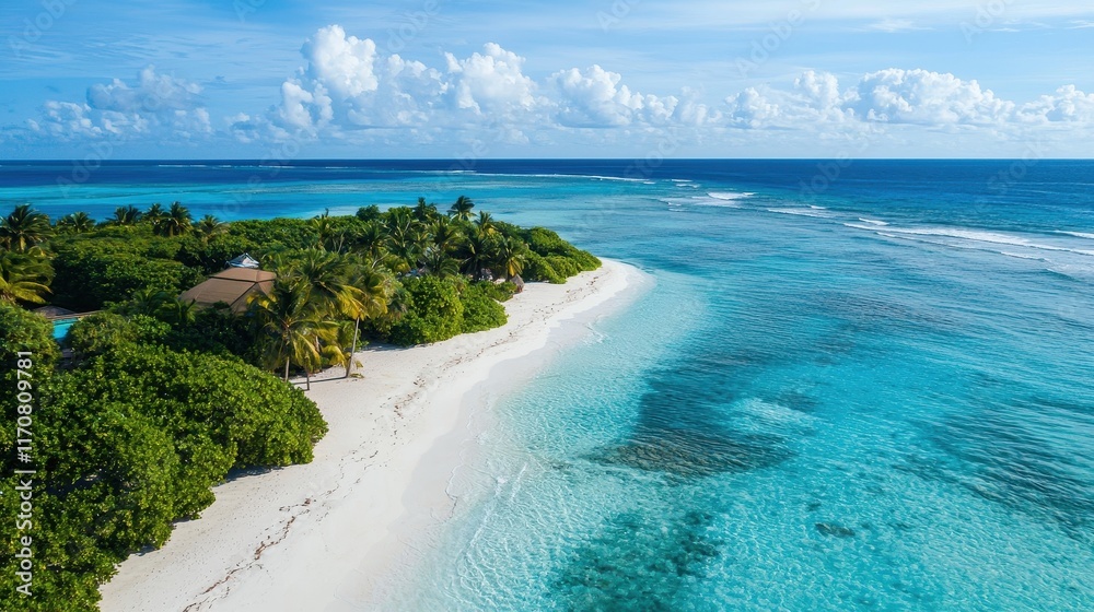 Fototapeta premium Aerial View of Tropical Island Surrounded by Crystal Clear Water