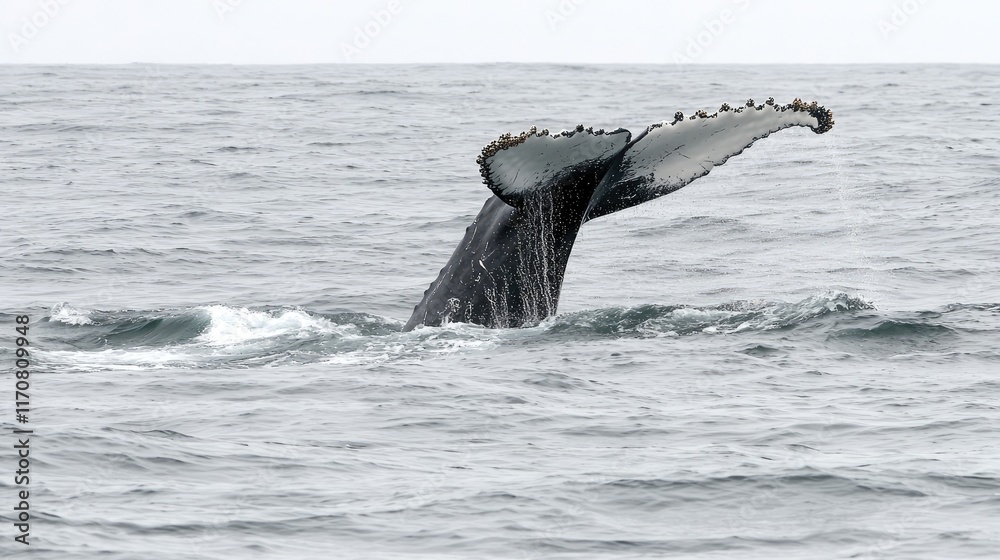 Fototapeta premium A humpback whale's tail emerges from the ocean, showcasing its unique shape and texture.