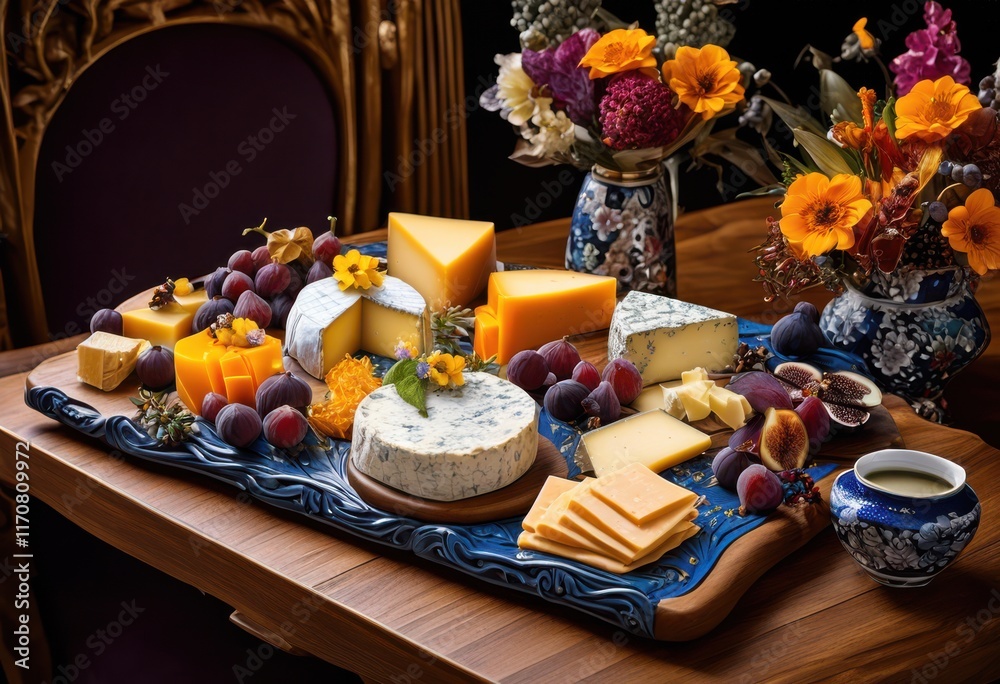 Naklejka premium colorful delectable cheese arrangement featuring assorted toppings textures lavish entertaining culinary delight, appetizer, artisan, board, brie, brunch
