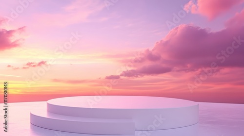 3d background product display podium scene with leaf geometric platform,cloud and sky, palm shadows and white stone podium,Mockup for eco beauty cosmetic advertising,Copy space.