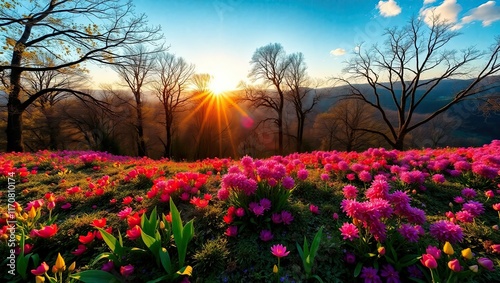 Capturing the Beauty of Nature through Ultra-Real Photography, a wide-angle perspective of a colorful spring morning displays a magnificent panorama, with the sun's golden rays illuminating rich veget photo