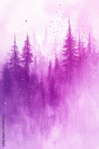 Painting of a forest with purple trees and a pink sky