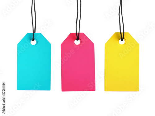 Colorful Blank Price Tags Hanging on Black Strings Isolated on White Background